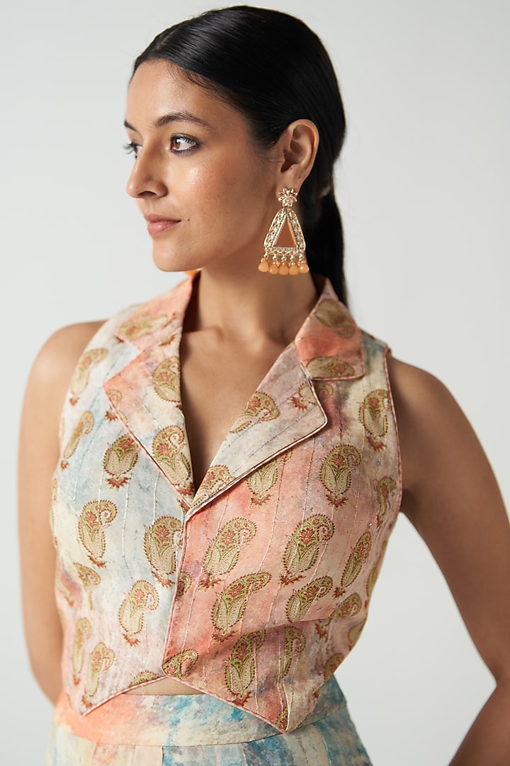 Peach Chanderi Screen Printed Party Wear Sharara Set by Studio Bagechaa at Pernia's Pop Up Shop