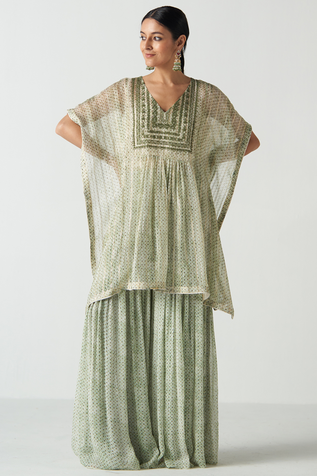 Green Organza & Lurex Screen Printed Gharara Set by Studio Bagechaa at Pernia's Pop Up Shop