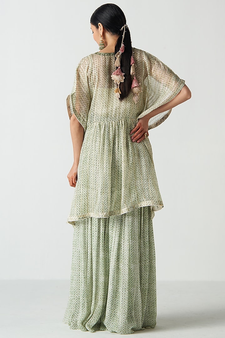 Green Organza & Lurex Screen Printed Gharara Set by Studio Bagechaa at Pernia's Pop Up Shop