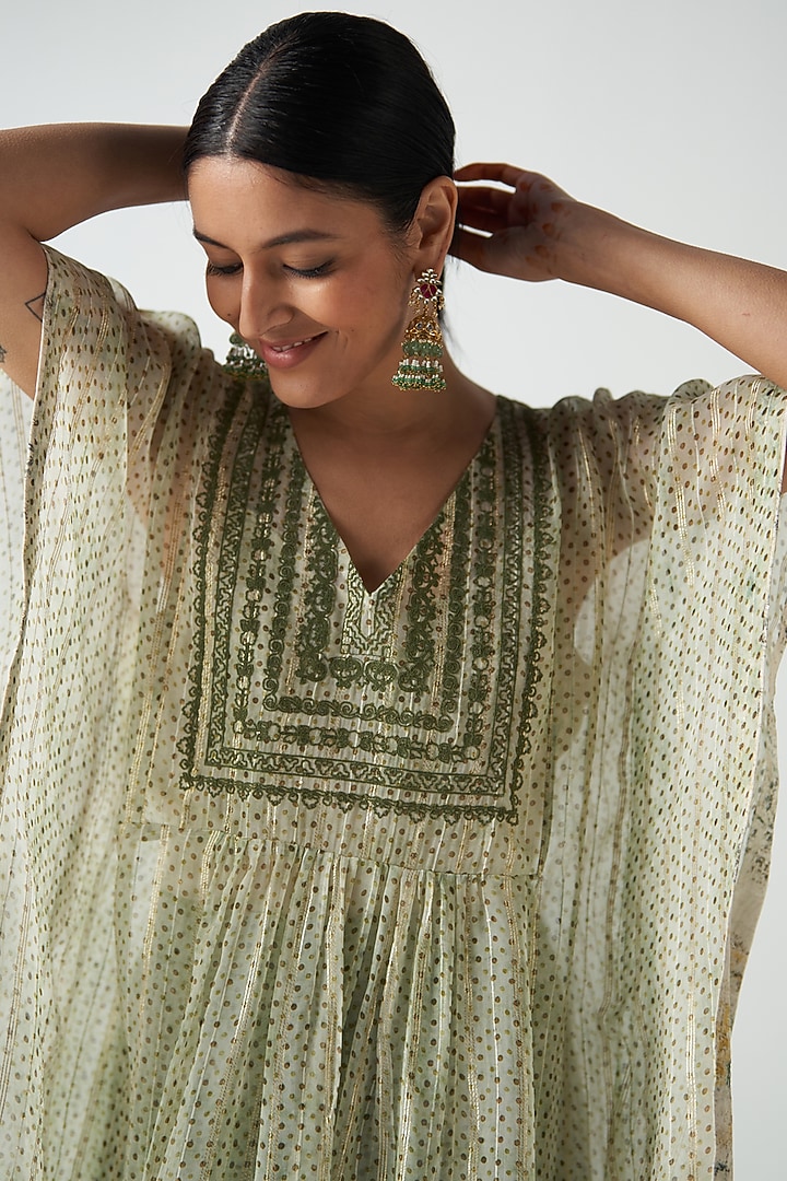 Green Organza & Lurex Screen Printed Gharara Set by Studio Bagechaa at Pernia's Pop Up Shop