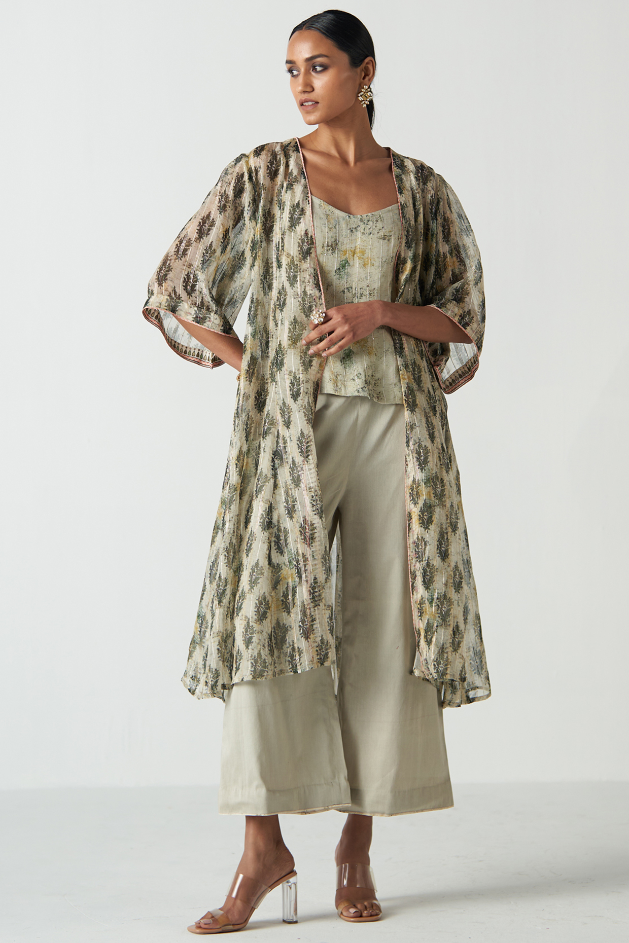 Green Organza & Chanderi Screen Printed Cape Set by Studio Bagechaa at Pernia's Pop Up Shop