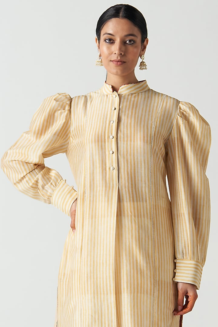 Yellow Chanderi Screen Printed Kurta Set by Studio Bagechaa at Pernia's Pop Up Shop
