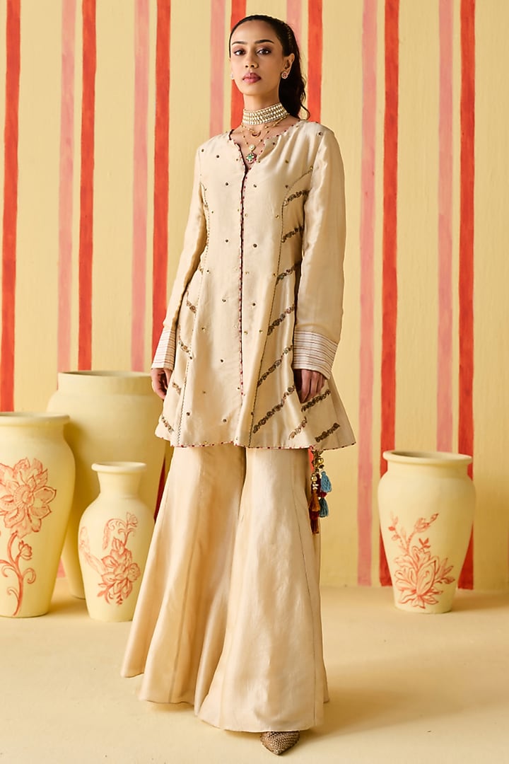 Beige Dola Silk Party Wear Sharara Set by Studio Bagechaa at Pernia's Pop Up Shop