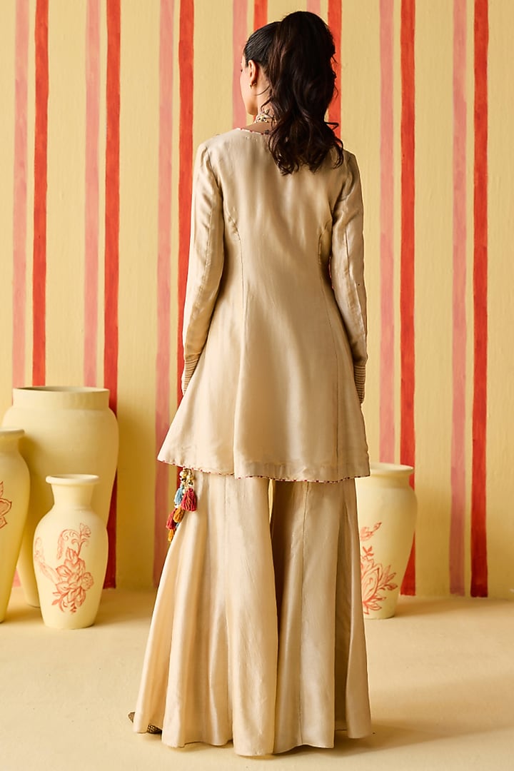 Beige Dola Silk Party Wear Sharara Set by Studio Bagechaa at Pernia's Pop Up Shop