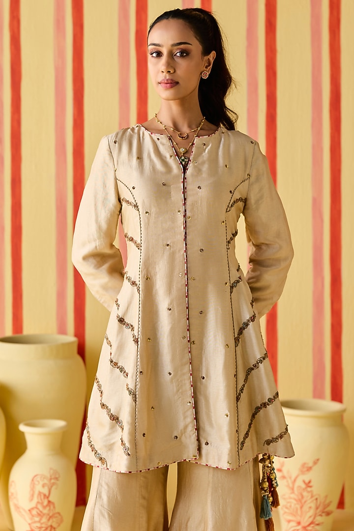 Beige Dola Silk Party Wear Sharara Set by Studio Bagechaa at Pernia's Pop Up Shop