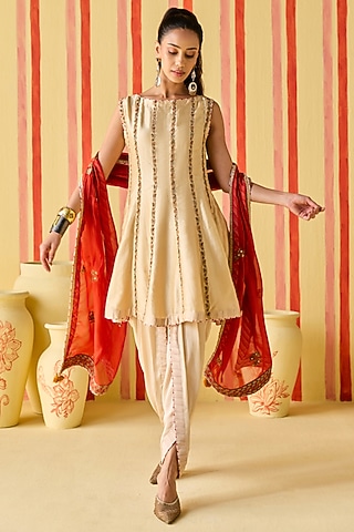 Beige Dola Silk Dola Silk Zardosi Work Dhoti Set by Studio Bagechaa