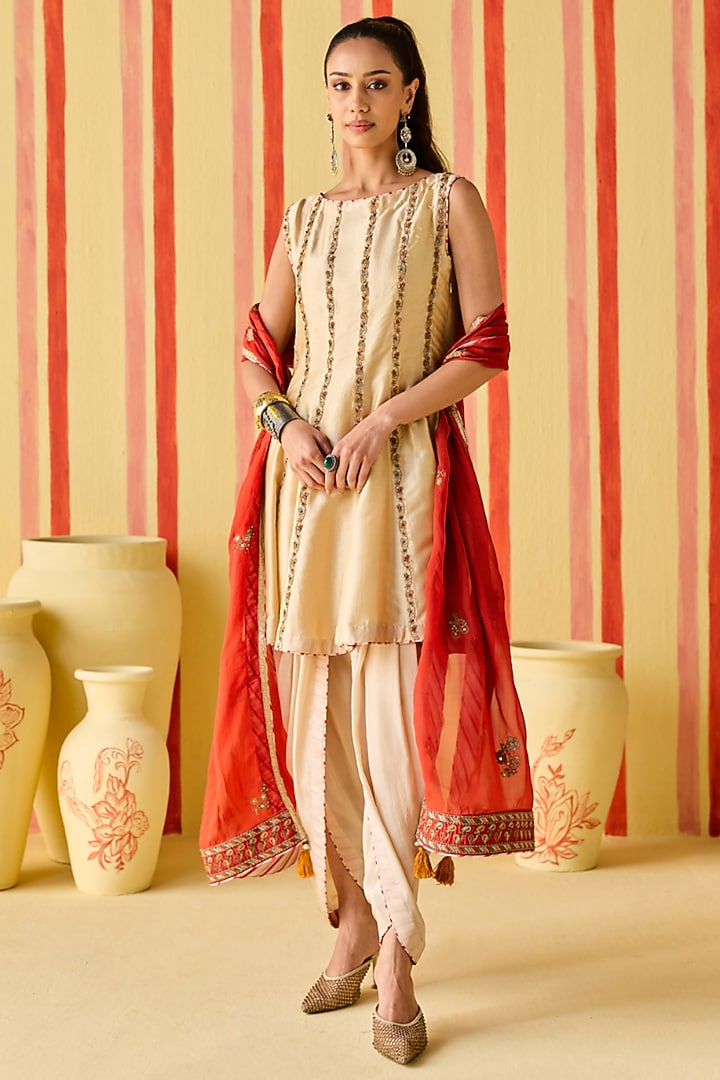 Beige Dola Silk Dola Silk Zardosi Work Dhoti Set by Studio Bagechaa at Pernia's Pop Up Shop