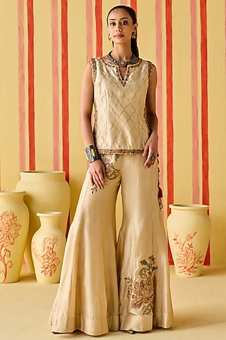 Beige Dola Silk Zardosi Work Sharara Set by Studio Bagechaa