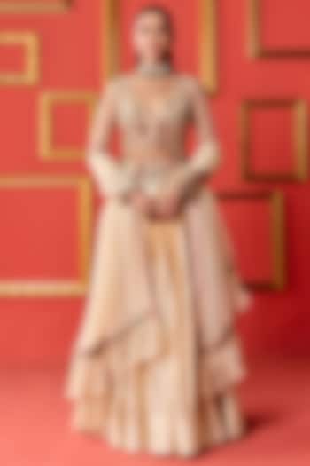 Beige Dola Silk Zardosi Work Wedding Lehenga Set by Studio Bagechaa at Pernia's Pop Up Shop