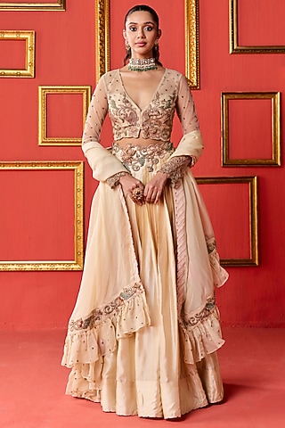 Beige Dola Silk Zardosi Work Lehenga Set by Studio Bagechaa