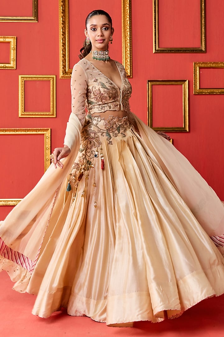 Beige Dola Silk Zardosi Work Wedding Lehenga Set by Studio Bagechaa at Pernia's Pop Up Shop
