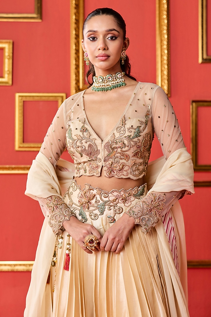 Beige Dola Silk Zardosi Work Wedding Lehenga Set by Studio Bagechaa at Pernia's Pop Up Shop