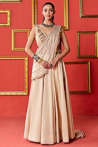 Beige Chanderi & Organza Lehenga Set by Studio Bagechaa