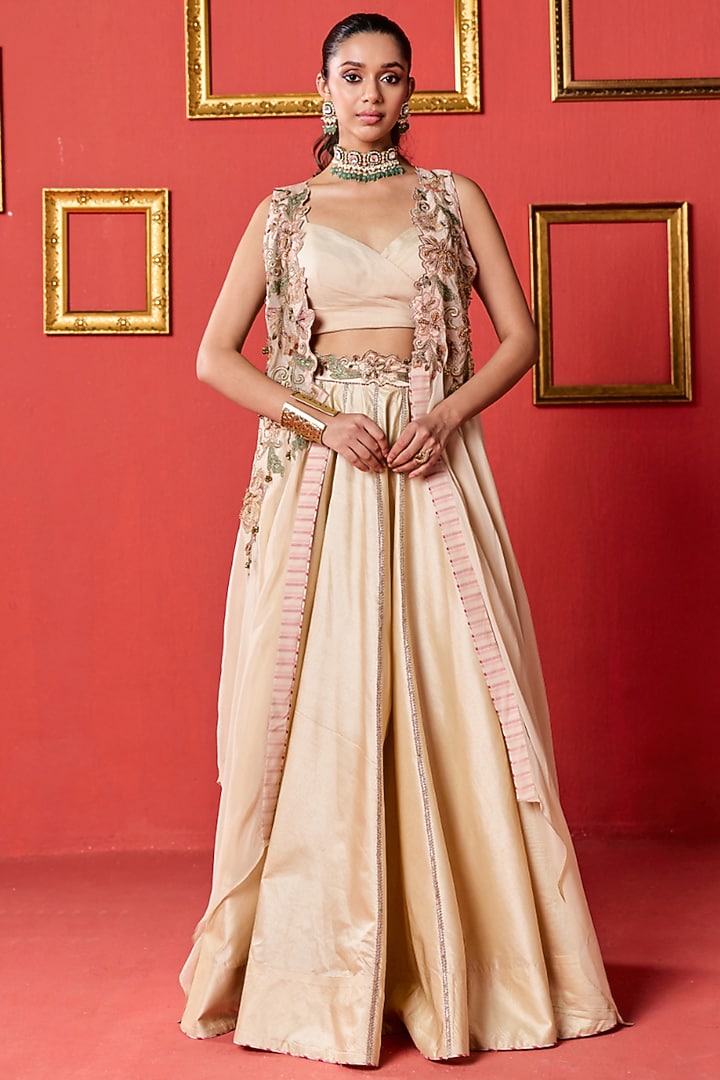 Beige Dola & Organza Skirt Set by Studio Bagechaa at Pernia's Pop Up Shop