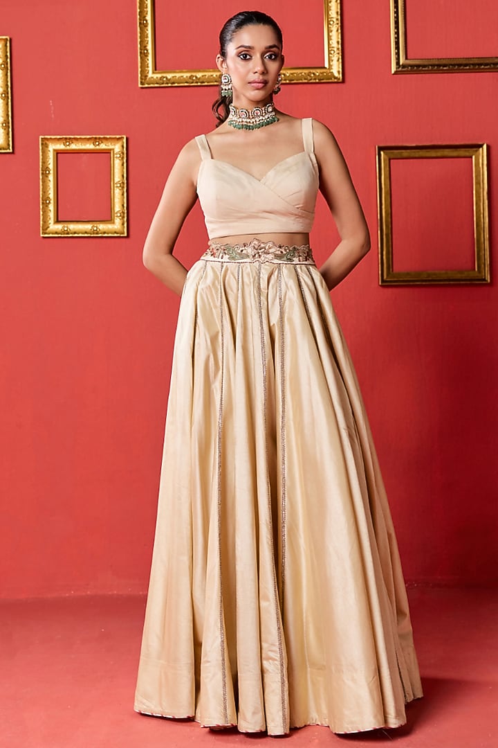 Beige Dola & Organza Skirt Set by Studio Bagechaa at Pernia's Pop Up Shop