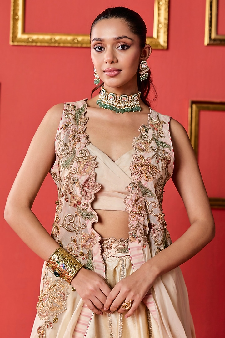 Beige Dola & Organza Skirt Set by Studio Bagechaa at Pernia's Pop Up Shop
