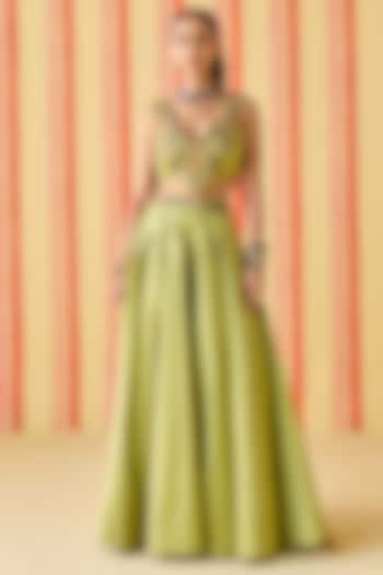 Green Chanderi & Organza Wedding Lehenga Set by Studio Bagechaa at Pernia's Pop Up Shop