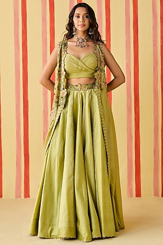 Green Dola & Organza Skirt Set by Studio Bagechaa