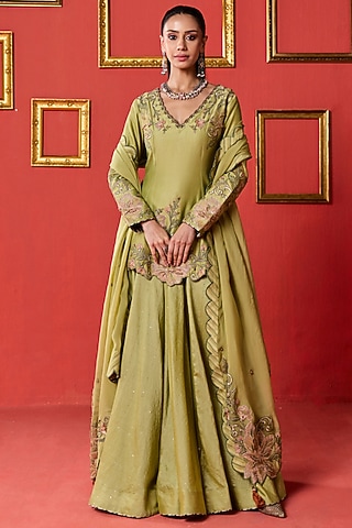 Green Chanderi & Organza Lehenga Set by Studio Bagechaa