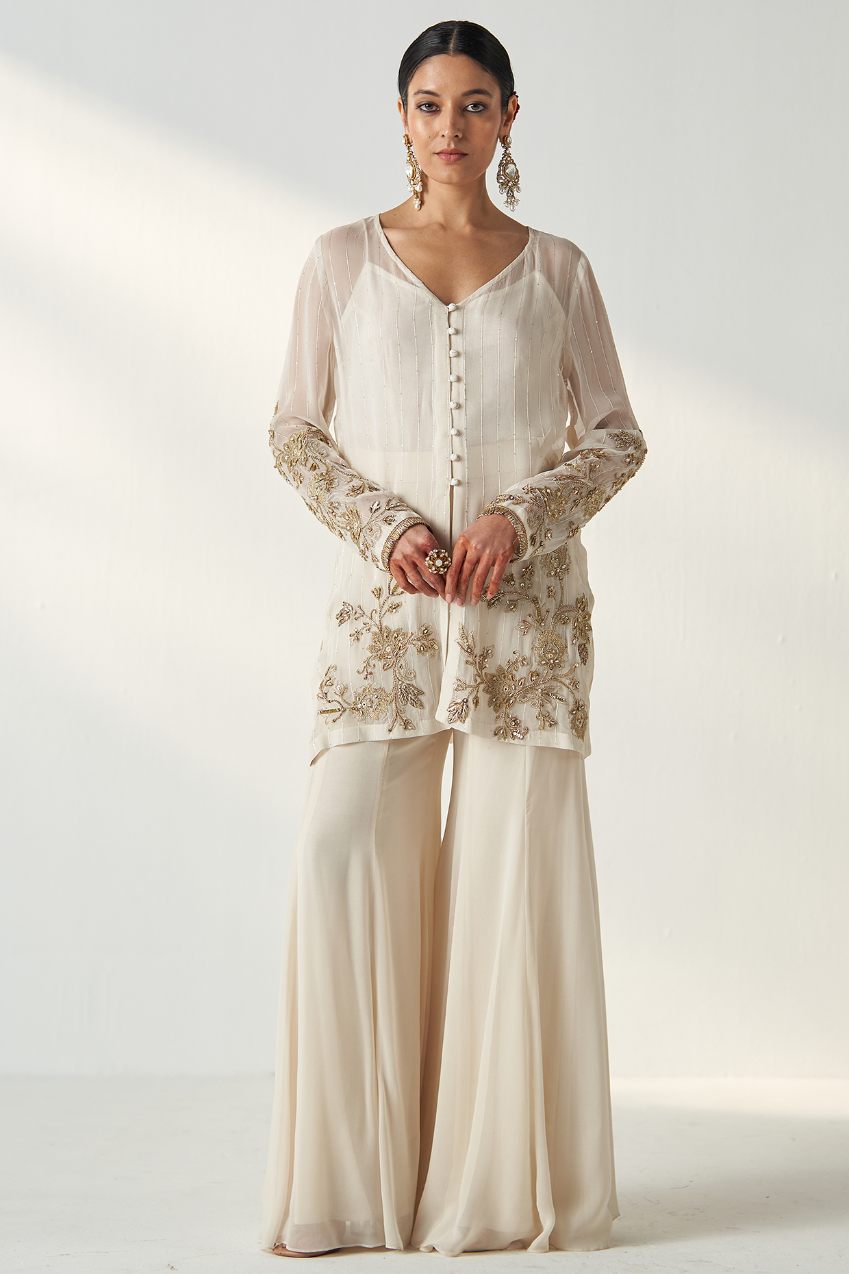 Ivory Georgette Party Wear Sharara Set by Studio Bagechaa at Pernia's Pop Up Shop