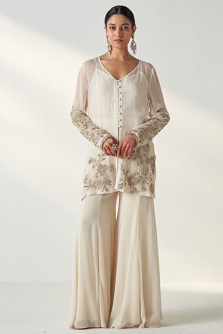 Ivory Georgette Party Wear Sharara Set by Studio Bagechaa at Pernia's Pop Up Shop