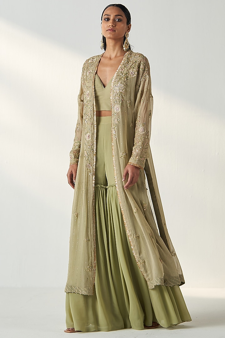 Green Georgette Hand Embroidered Cape Set by Studio Bagechaa at Pernia's Pop Up Shop