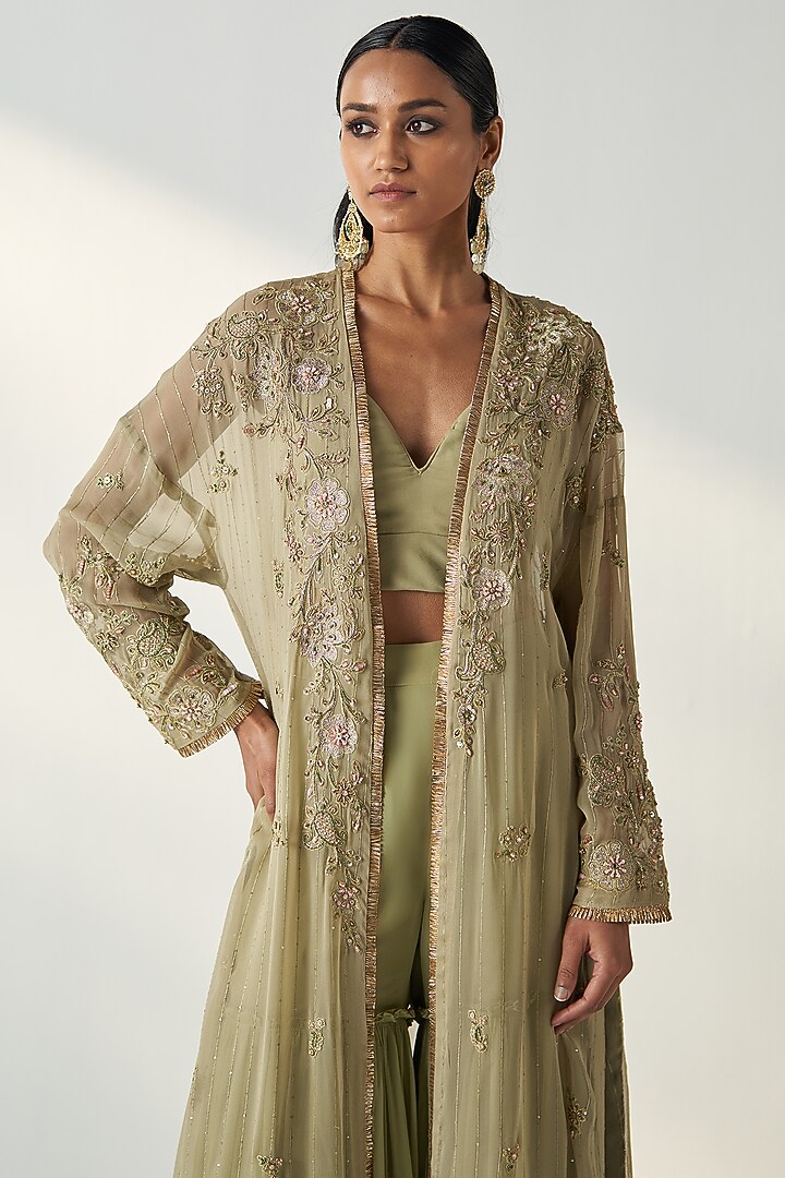 Green Georgette Hand Embroidered Cape Set by Studio Bagechaa at Pernia's Pop Up Shop