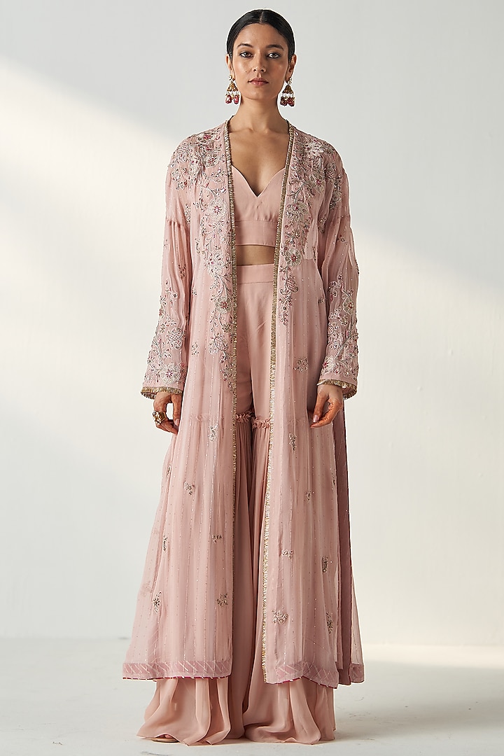 Blush Pink Georgette Hand Embroidered Cape Set by Studio Bagechaa at Pernia's Pop Up Shop