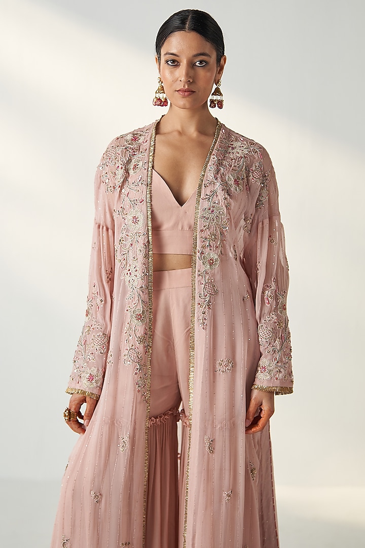 Blush Pink Georgette Hand Embroidered Cape Set by Studio Bagechaa at Pernia's Pop Up Shop
