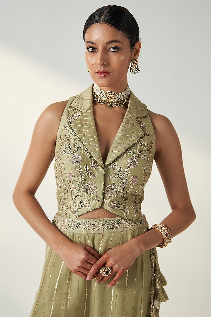 Green Chanderi Hand Embroidered Gharara Set by Studio Bagechaa at Pernia's Pop Up Shop