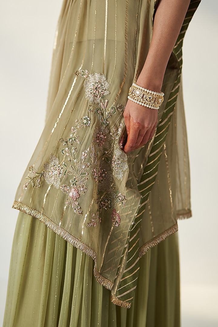 Green Chanderi Hand Embroidered Party Wear Sharara Set by Studio Bagechaa at Pernia's Pop Up Shop