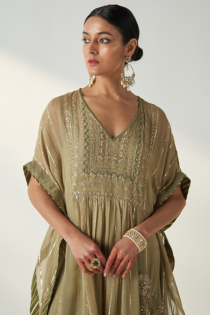 Green Chanderi Hand Embroidered Party Wear Sharara Set by Studio Bagechaa at Pernia's Pop Up Shop