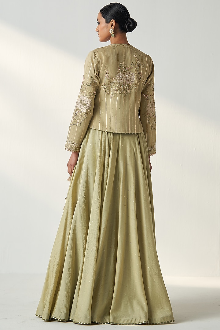 Green Chanderi Sequins Hand Embroidered Jacket Wedding Lehenga Set by Studio Bagechaa at Pernia's Pop Up Shop