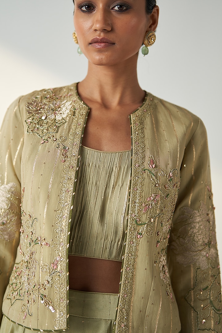 Green Chanderi Sequins Hand Embroidered Jacket Wedding Lehenga Set by Studio Bagechaa at Pernia's Pop Up Shop