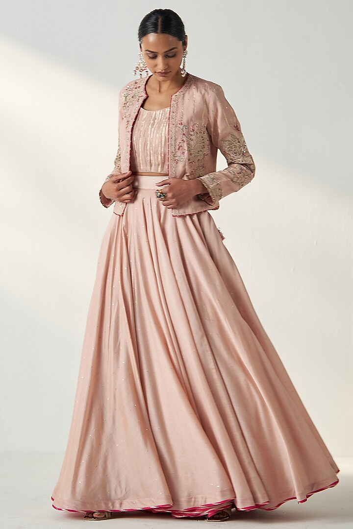 Blush Pink Chanderi Sequins Hand Embroidered Jacket Wedding Lehenga Set by Studio Bagechaa at Pernia's Pop Up Shop