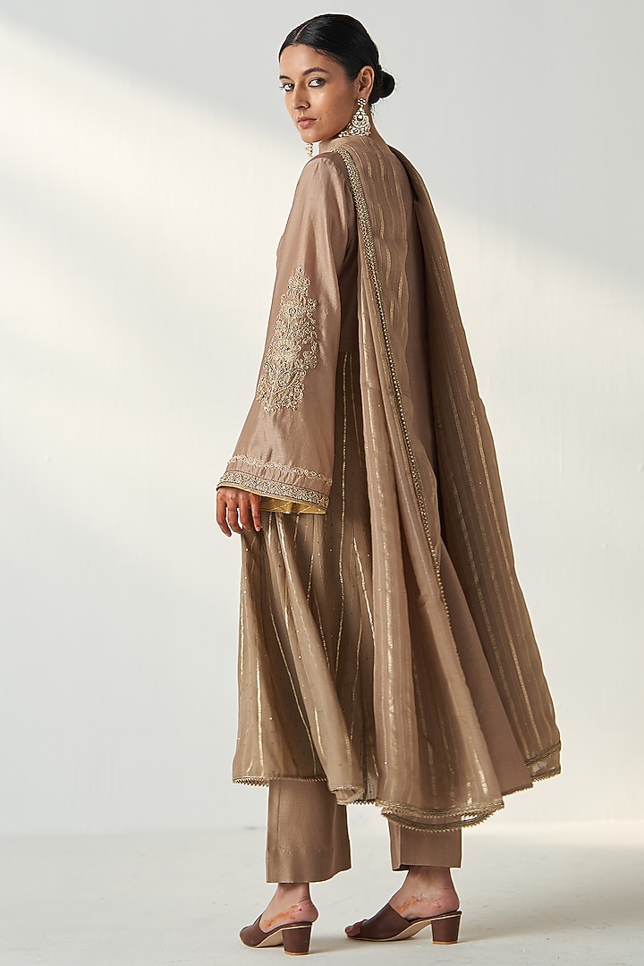 Fawn Chanderi Sequins Hand Embroidered Party Wear Anarkali Set by Studio Bagechaa at Pernia's Pop Up Shop