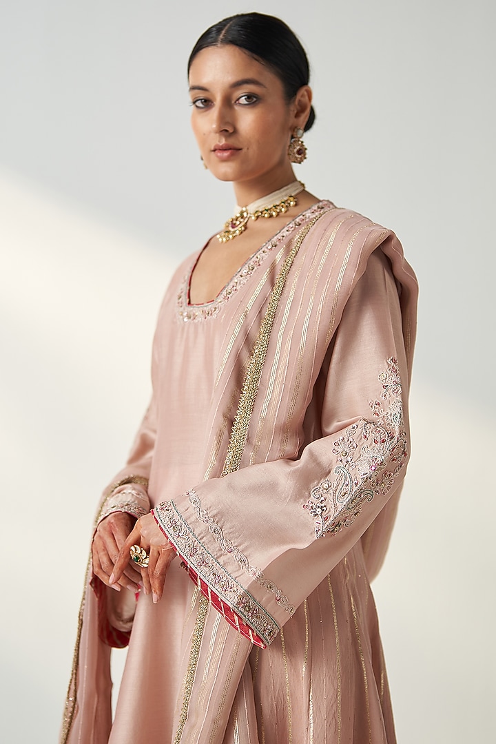 Blush Pink Chanderi Sequins Hand Embroidered Party Wear Anarkali Set by Studio Bagechaa at Pernia's Pop Up Shop