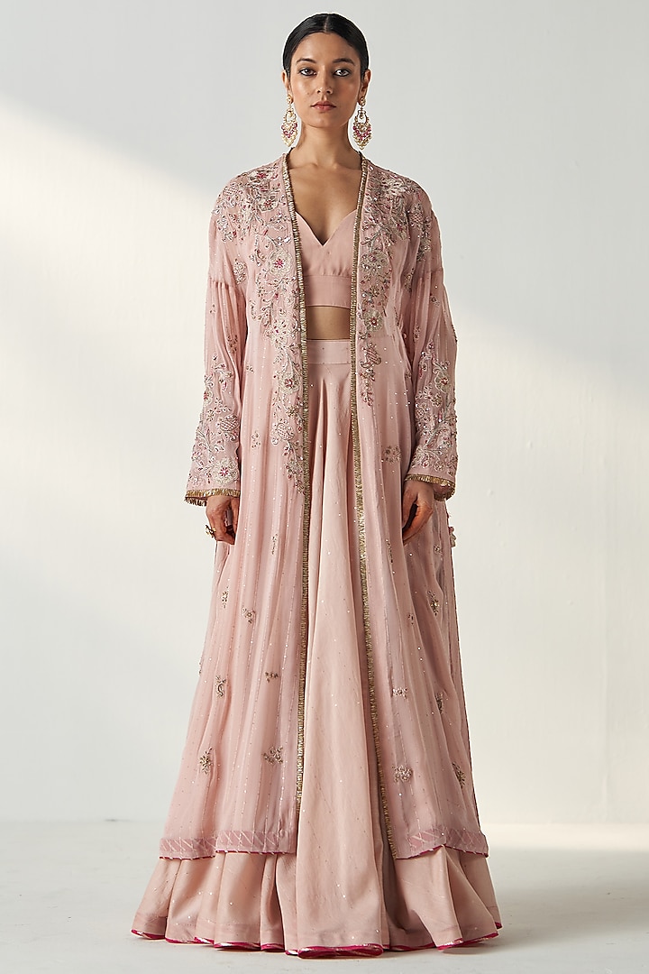 Blush Pink Georgette Sequins Embroidered Jacket Lehenga Set by Studio Bagechaa at Pernia's Pop Up Shop