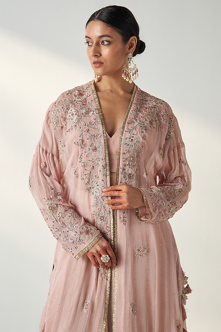 Blush Pink Georgette Sequins Embroidered Jacket Wedding Lehenga Set by Studio Bagechaa at Pernia's Pop Up Shop