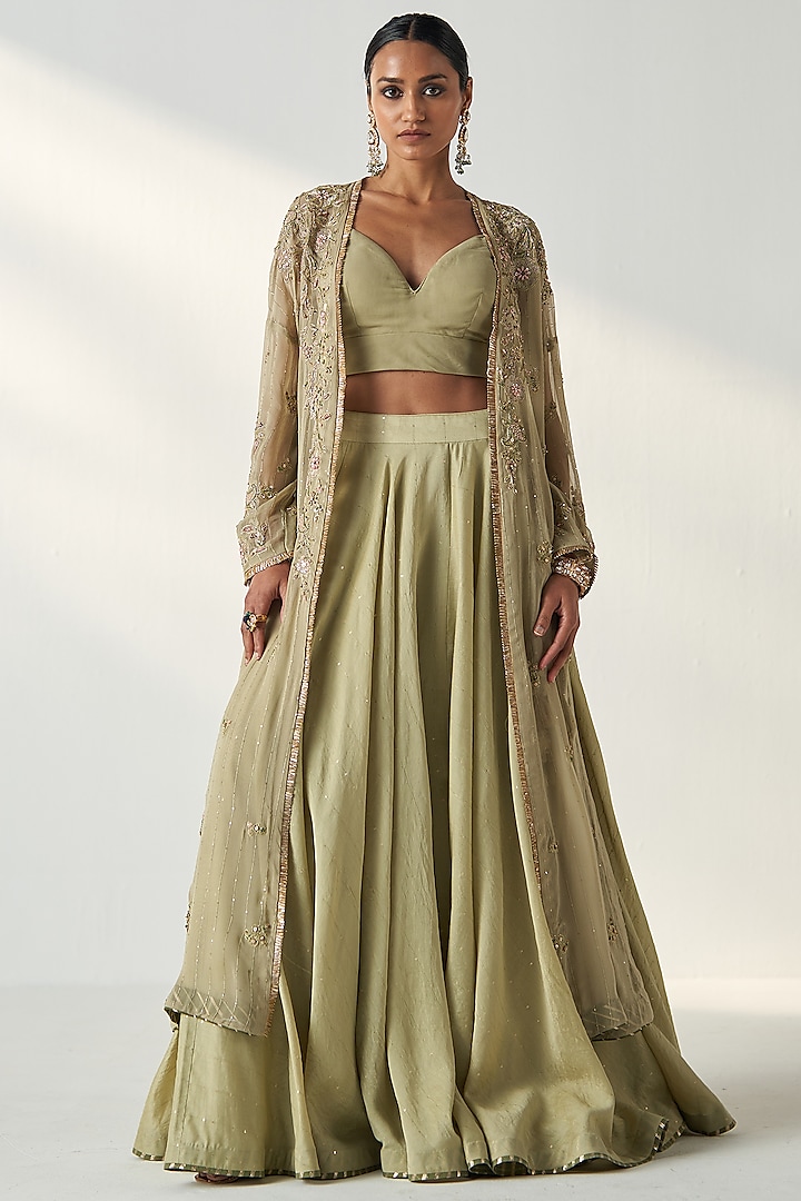 Green Georgette Sequins Embroidered Jacket Lehenga Set by Studio Bagechaa at Pernia's Pop Up Shop