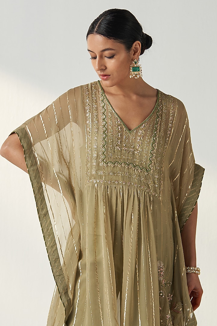 Green Georgette Hand Embroidered Kaftan Set by Studio Bagechaa at Pernia's Pop Up Shop