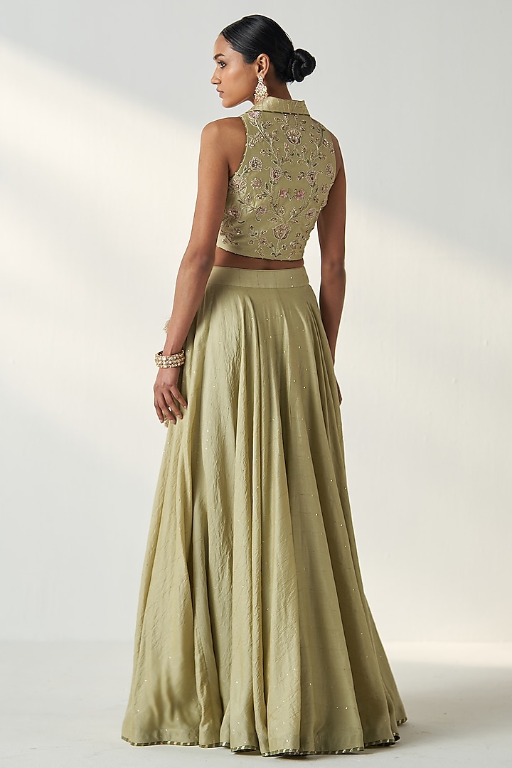 Green Chanderi Sequins Embroidered Wedding Lehenga Set by Studio Bagechaa at Pernia's Pop Up Shop