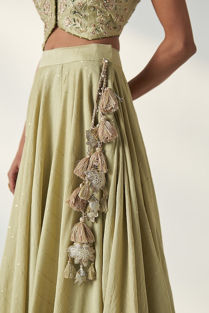 Green Chanderi Sequins Embroidered Wedding Lehenga Set by Studio Bagechaa at Pernia's Pop Up Shop