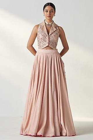 Blush Pink Chanderi Sequins Embroidered Lehenga Set by Studio Bagechaa