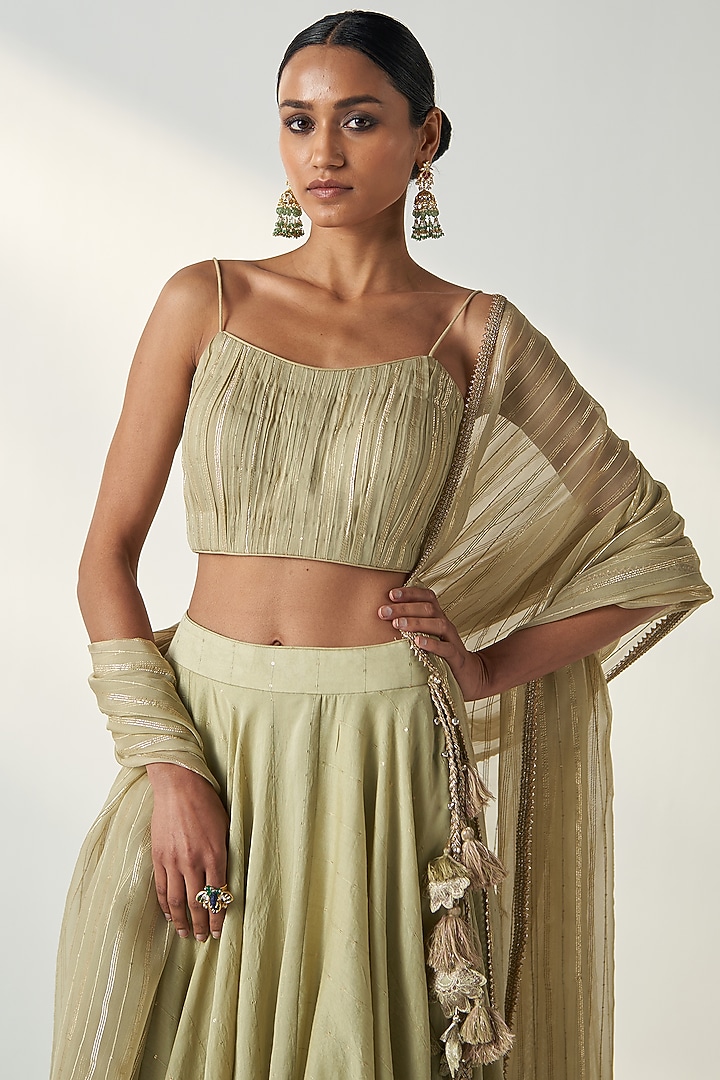 Green Chanderi Sequins Embroidered Lehenga Set by Studio Bagechaa at Pernia's Pop Up Shop