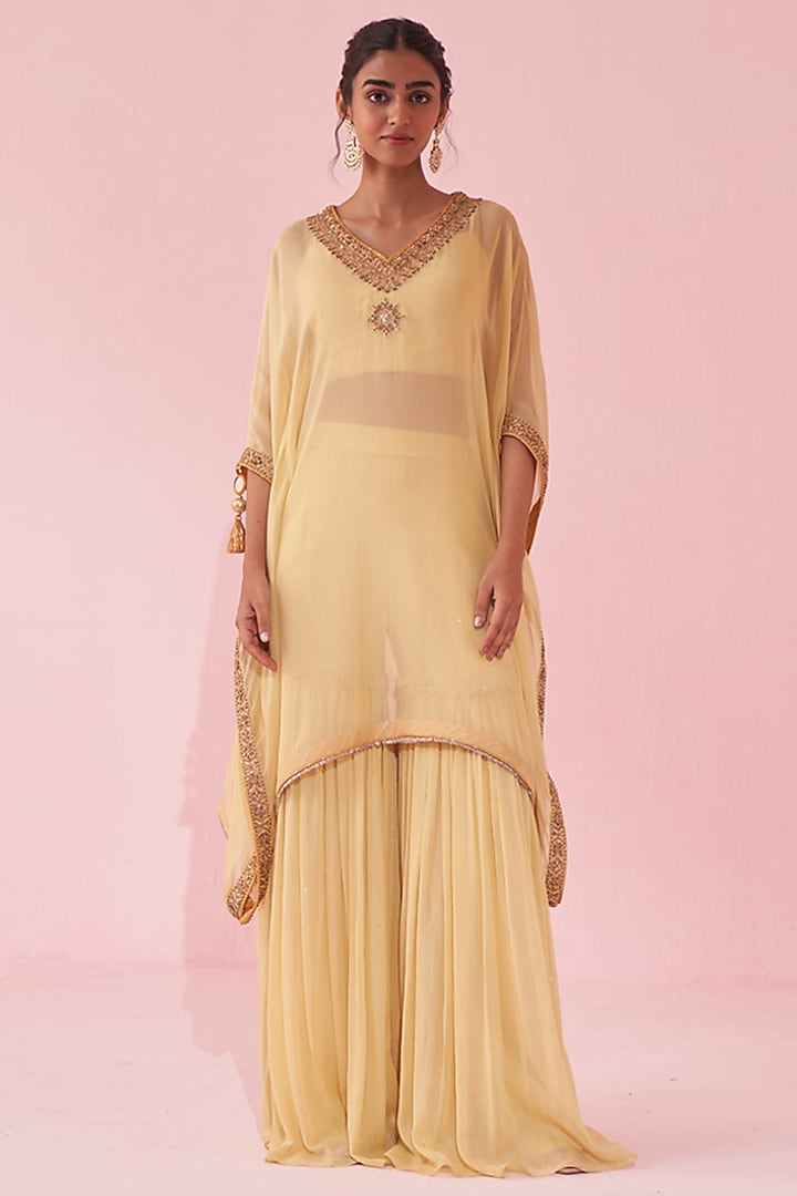 Yellow Organza Zari Hand Embroidered Kaftan Set by Studio Bagechaa at Pernia's Pop Up Shop