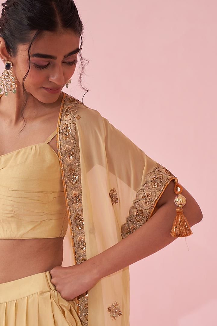Yellow Organza Resham Hand Embroidered Cape Set by Studio Bagechaa at Pernia's Pop Up Shop