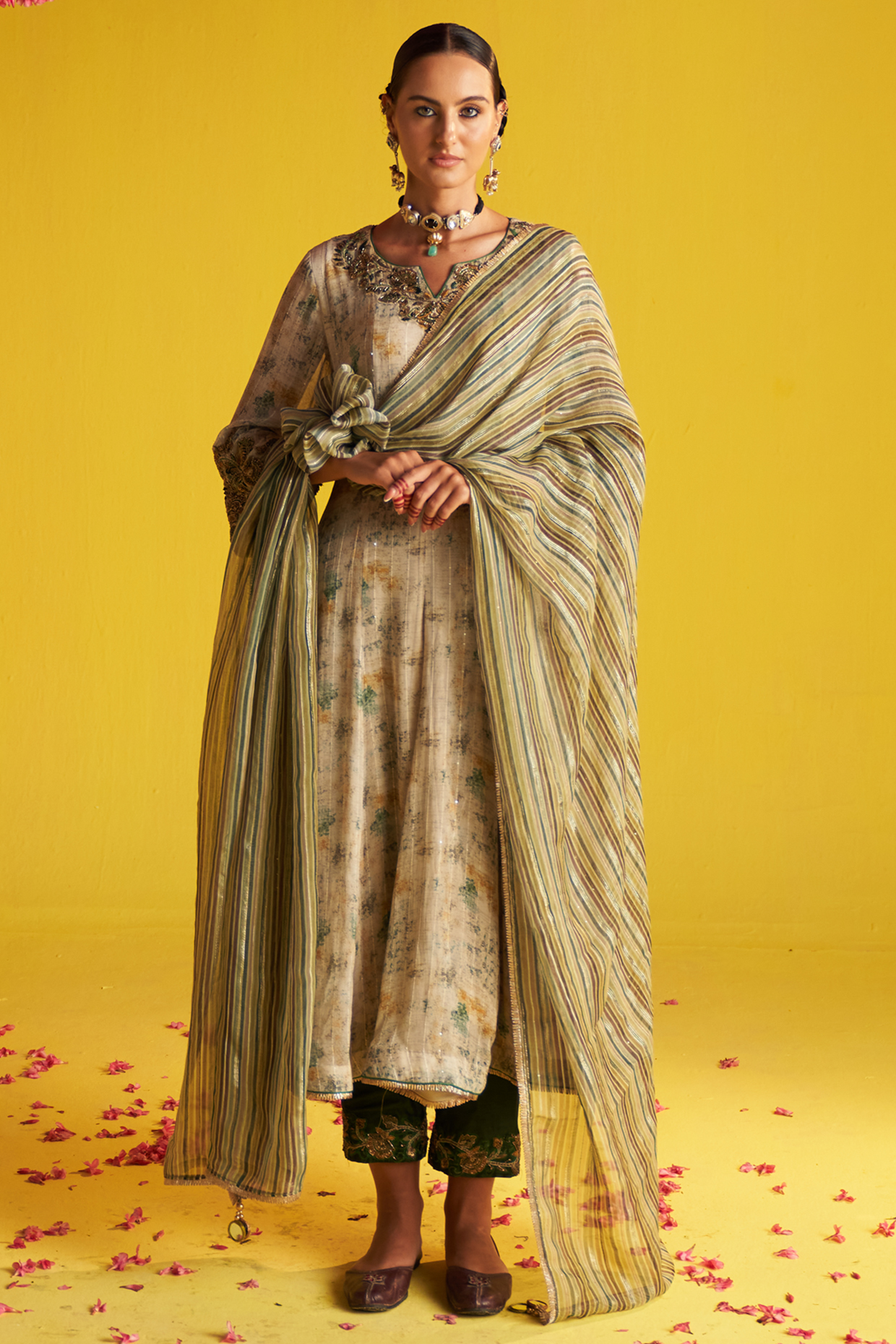 Beige Georgette Printed & Embroidered Wedding Anarkali Set by Studio Bagechaa at Pernia's Pop Up Shop