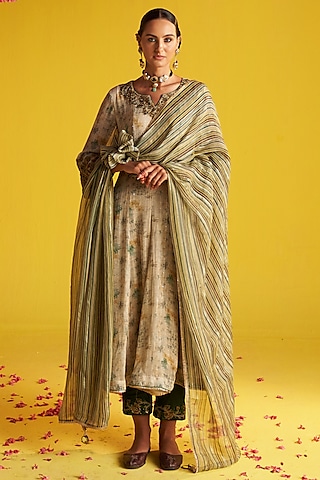 Beige Georgette Printed & Embroidered Anarkali Set by Studio Bagechaa