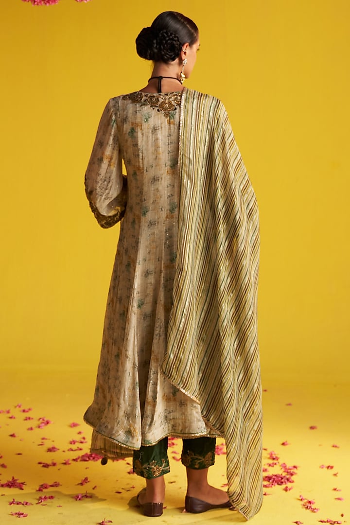 Beige Georgette Printed & Embroidered Wedding Anarkali Set by Studio Bagechaa at Pernia's Pop Up Shop